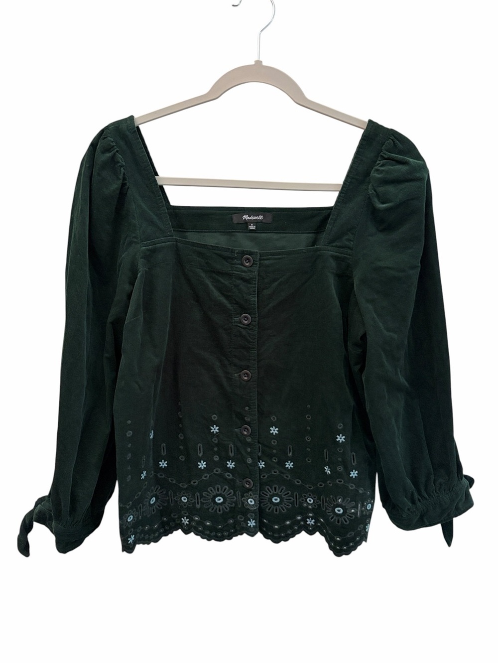 Madewell Moody Boho Micro Corduroy Deep Green Square Neck Button-Front Blouse S